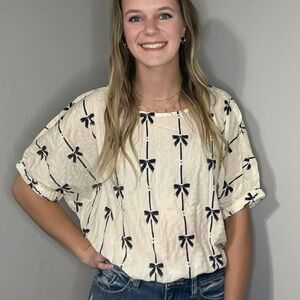 Women's Cream and Black Bow Print Top